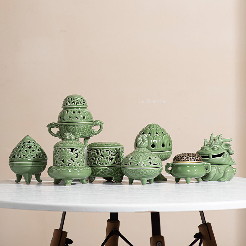 Zen Candle Supplies - Celadon Chinesischer Stil Keramik-Räucherstäbchenhalter/Ausgehöhltes Muster Innenraum